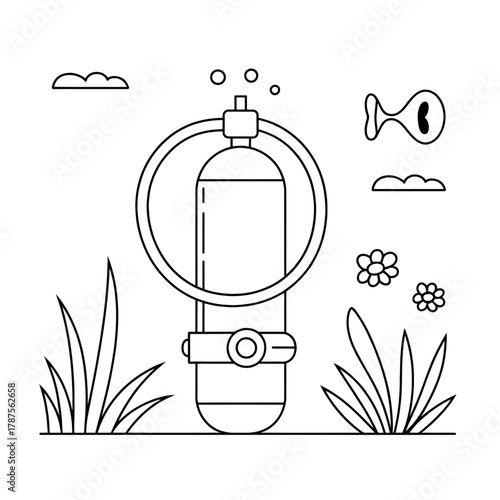 A line-art illustration of scuba diving of a coloring page
