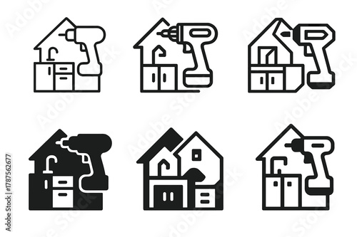 Kitchen Renovation Logos. Home renovation specialists remodeling kitchens. Icon set. Set Logo of Home renovation specialists remodeling kitchens: cordless