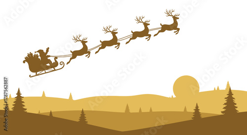 Silhouette of santa claus and his reindeer flying through the sky over a winter landscape at dusk