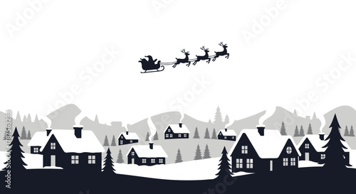 Santa claus flying in sleigh pulled by reindeer over a snowy village landscape at night with full moon
