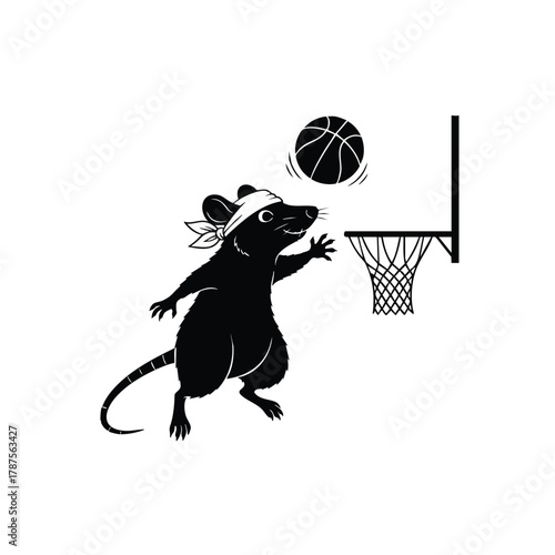 Cartoon rat playing basketball silhouette rodent dunking the ball vector 100 letters
