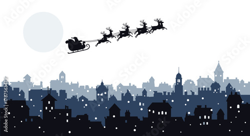 Santa claus and reindeer silhouette flying over a dark city skyline under a large full moon