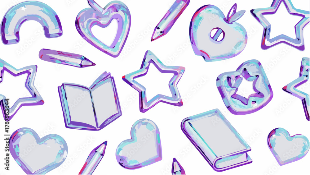 Fototapeta premium A pattern of iridescent school supplies including books pencils apples hearts and stars on white background silhouette