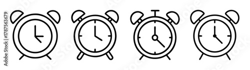 Set of minimalist line art alarm clock icons for time and urgency