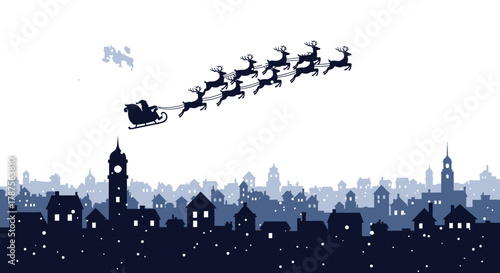 Santa claus flying in his sleigh pulled by reindeer over a silhouetted city skyline at night with a full moon