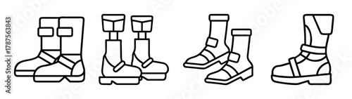 Line art icons of various boots: durable footwear collection