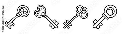 Collection of vintage and contemporary keys line art icon set.