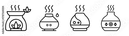 Aromatherapy diffuser and essential oil burner line icons set