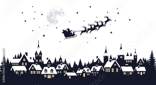 Silhouette of santa claus flying in his sleigh pulled by reindeer over a snowy village at night
