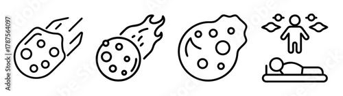 Space objects, comet, asteroid, and astral projection line icons