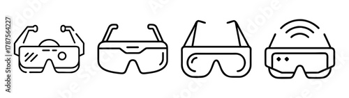 Modern eyewear line icons: virtual reality, smart, and safety glasses