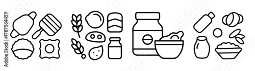Dairy and baking ingredients line art icons, food preparation set