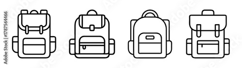 Backpack and rucksack line icons set. travel bag outline symbols.
