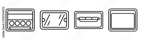 Kitchen and food icons: dishwasher, oven, hot dogs, food tray