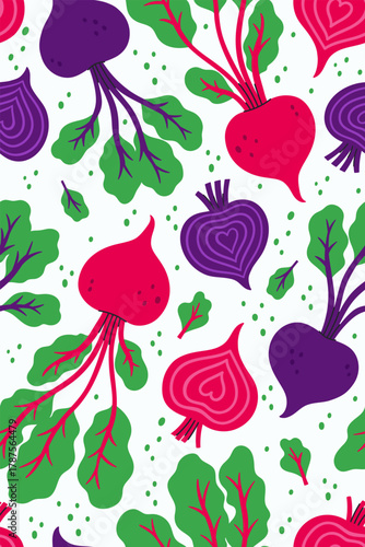 Seamless pattern with beets and halves. Vector graphics.