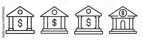 Bank building icon set with dollar sign, financial institution symbol
