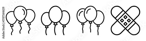 Festive balloons and medical bandage care outline icons set.