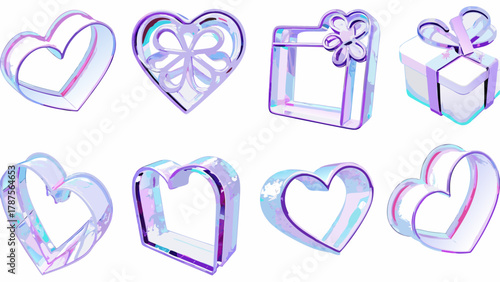 A collection of iridescent hollow heart and gift box shapes arranged on a white background surface silhouette