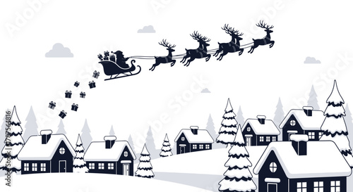 Santa claus and reindeer flying over a snowy village at night with gifts falling