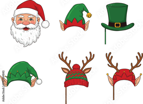 Cartoon festive hats with Santa, elf, reindeer and holiday accessories, colorful Christmas headwear vector for seasonal costume design