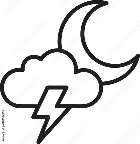 Nighttime storm cloud with crescent moon and lightning bolt