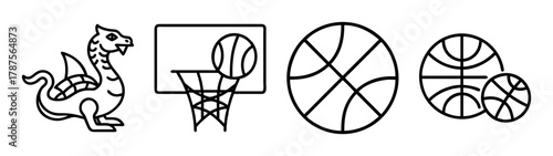 Diverse outline icon set featuring mythical dragon and sports elements.