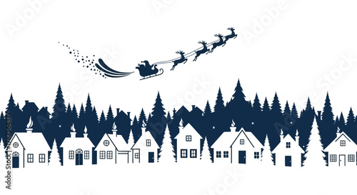 Santa claus flying in his sleigh over a snowy village and dark pine forest at night