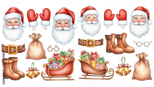 A charming watercolor collection of Santa Claus elements, including his face, costume, sleigh full of gifts, and festive accessories.