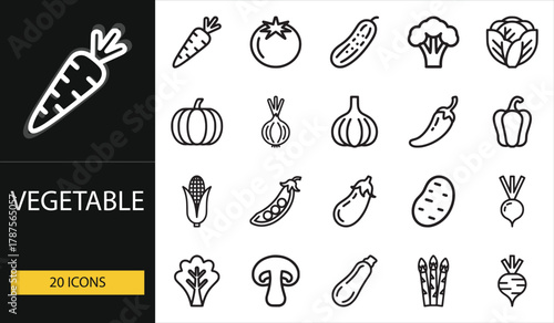 Vegetable icon set including carrots, tomatoes, corn, and greens. Ideal for organic food, farming, and healthy lifestyle visuals