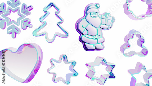 Iridescent christmas cookie cutters including santa tree snowflake heart and star shapes displayed silhouette