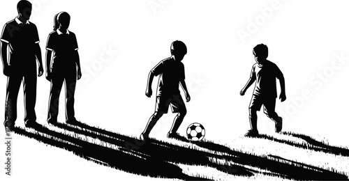 High-contrast vector silhouette of two boys playing soccer while parents observe. Design for youth sports programs, family fitness websites, or coaching materials. EPS version.