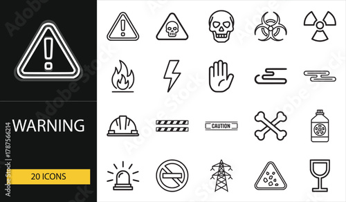 Warning icon set with hazard, danger, and safety symbols. Ideal for construction, security, and industrial safety visuals