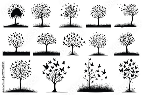 Black silhouette trees with flying butterflies and birds