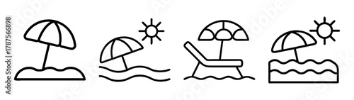 Beach vacation line icons set featuring summer and travel elements