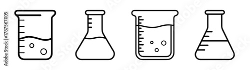 Science laboratory glassware icon set, chemical research tools