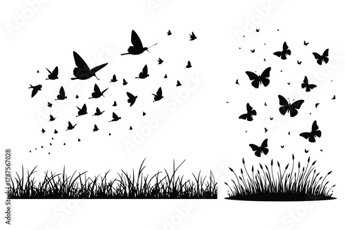 Black silhouettes of birds and butterflies flying over grass