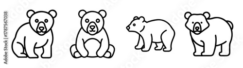 Minimalistic bear line art icons set with various cute cub poses