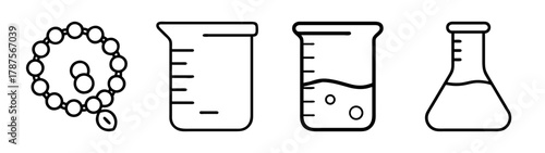 Diverse icons: prayer beads and scientific lab glassware collection