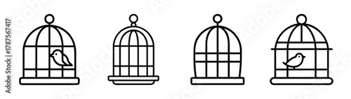 Line art birdcages with and without birds vector illustration