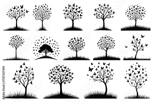 Black silhouette trees with butterflies and birds white