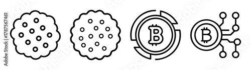 Technology icons: digital cookies and cryptocurrency symbols