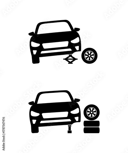 Car tire change using car jack, set of two simple icon illustrations.