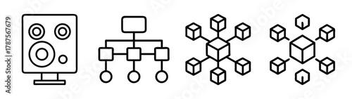 Technology data network icons set: server, hierarchy, blockchain