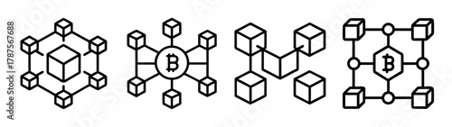 Blockchain network icons, bitcoin concept, decentralized data flow