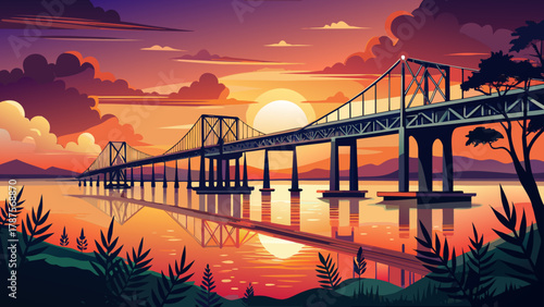 Very beautiful silhouette of the Biloxi Bay Bridge at sunset, Mississippi Gulf Coast, featuring the glowing sky, calm water reflections, and a realistic serene coastal atmosphere.