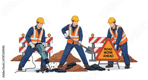 Flat faceless construction workers on a roadwork site, three workers wearing orange safety vests and yellow helmets