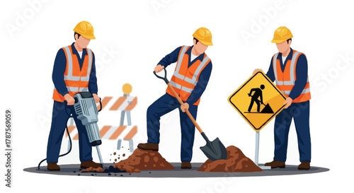 Flat faceless construction workers on a roadwork site, three workers wearing orange safety vests and yellow helmets