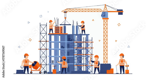 Flat cartoon illustration of faceless construction workers building a tall skyscraper, tower crane lifting steel beams, workers in orange safety vests and helmets