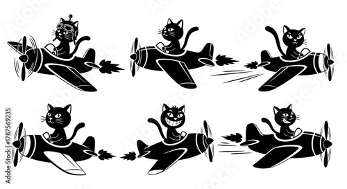 Set of six black and white cartoon cats piloting propeller airplanes showing different expressions and flight styles