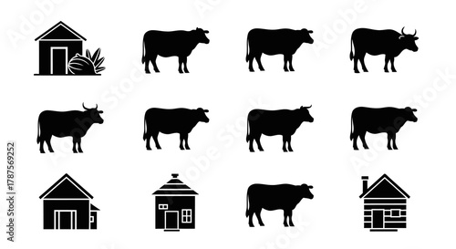 Set of various traditional farm structures and silhouette cows depicting agricultural lifestyle rural scenery cattle farming dairy livestock animal husbandry countryside